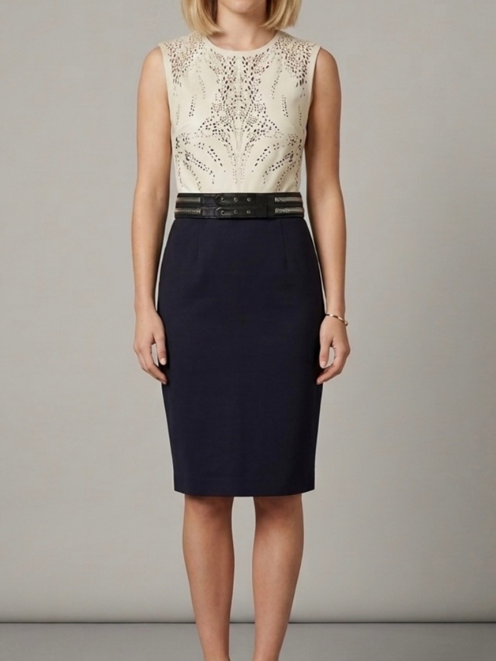 Catherine Deane Laser-Cut Leather Bodice Cocktail Dress Studded Belt S4 (fit 2)
